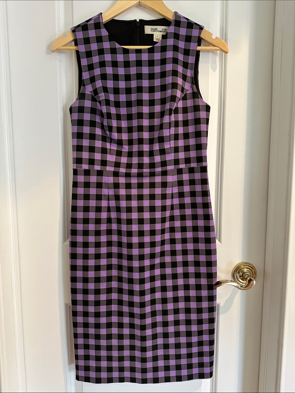 Diane Von Furstenberg Black and Purple Gingham Sheath Dress